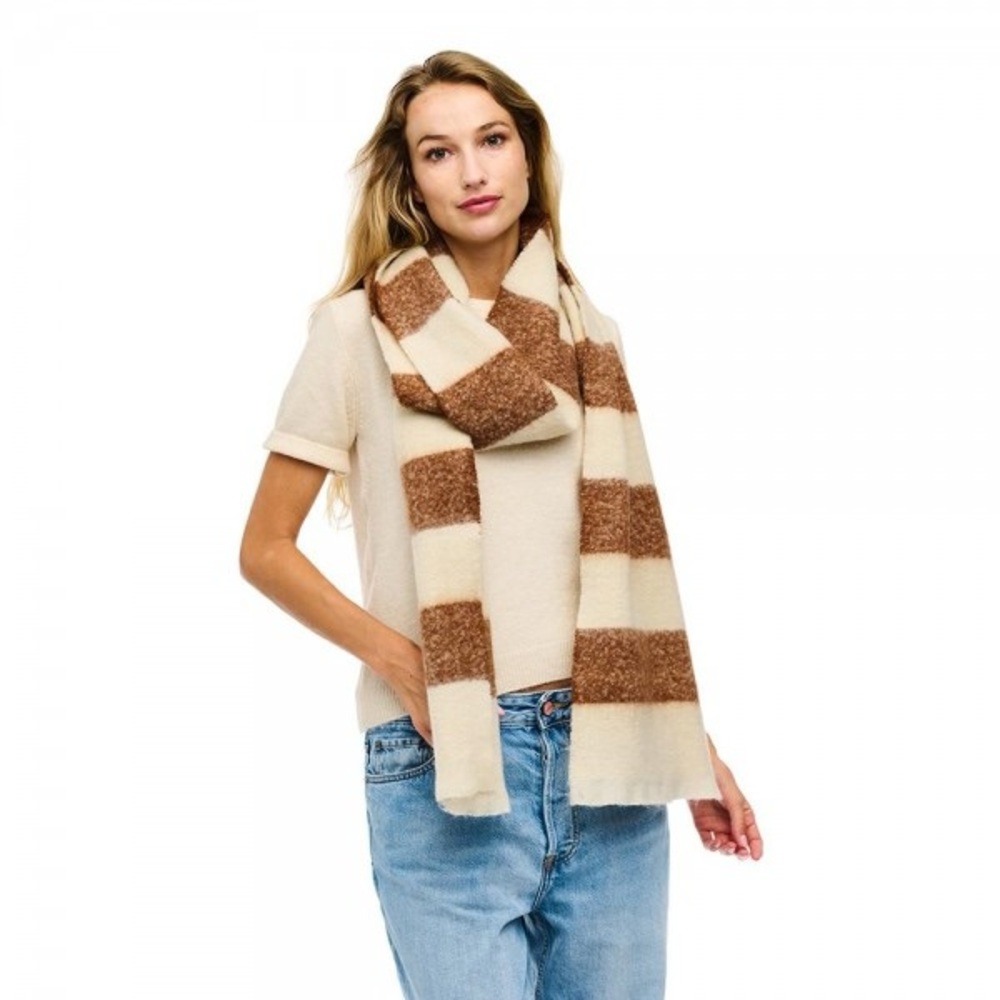New taupe fuzzy knit striped scarf with frayed edge detail